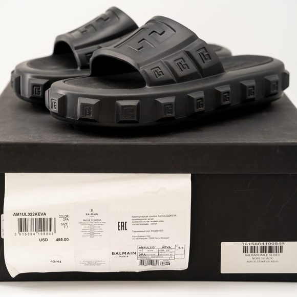size 40-41 Balmain Black Ari Rubber Slip On Slides Sandal Embossed Logo - Picture 10 of 11